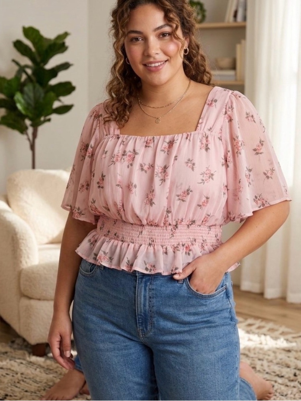 Pink Flutter Sleeve Ruffled Blouse